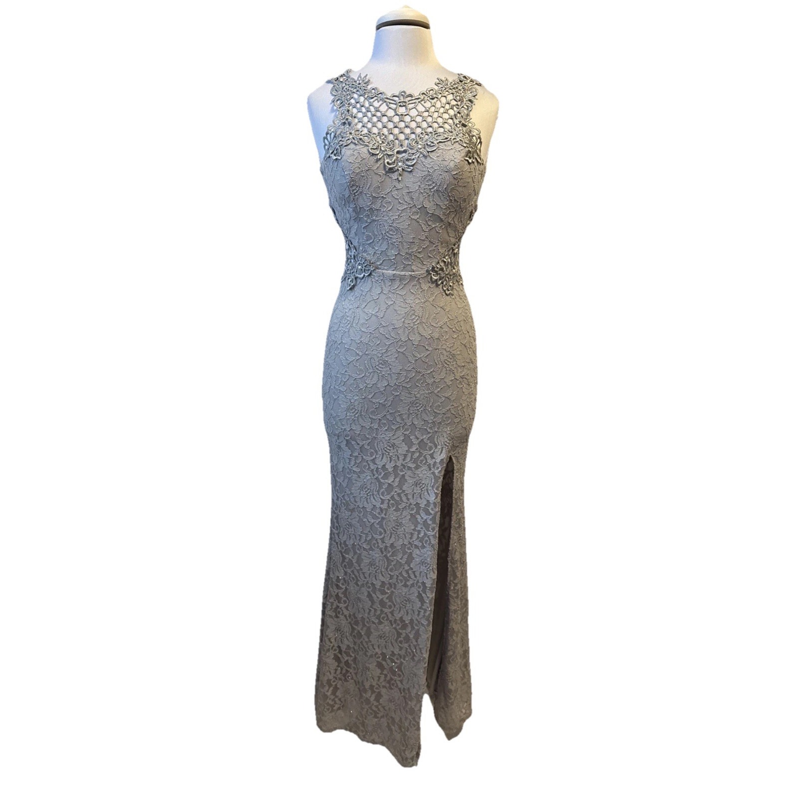City Studio Silver Sheer Open Lace Slit Bodycon Formal Dress Juniors 3 Prom Sexy